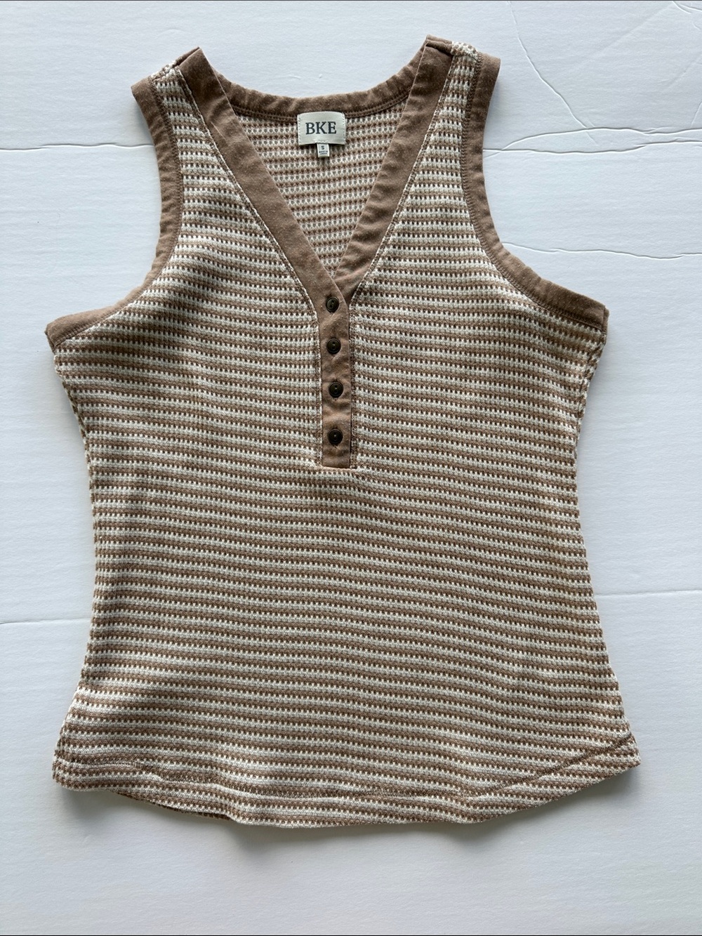 BKE Brown & Cream Striped V-Neck Knit Tank S